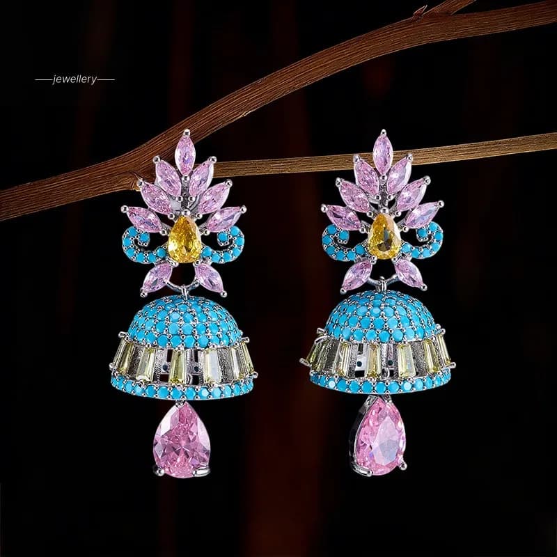 Naina Pink Crystal Jhumka Earrings